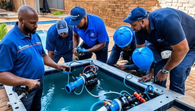 Team of pool repair professionals working on pool motor repair, wearing blue shirts and safety helmets.