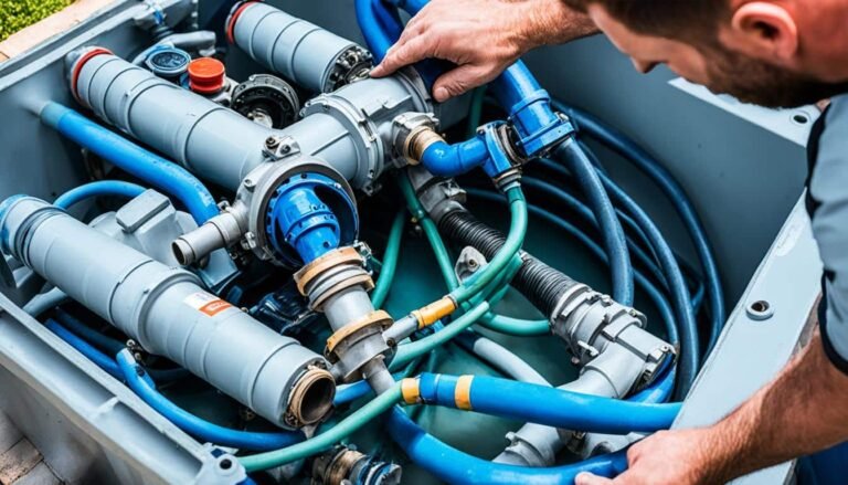 Close-up of a pool technician repairing pool pump and plumbing system with pipes and hoses.