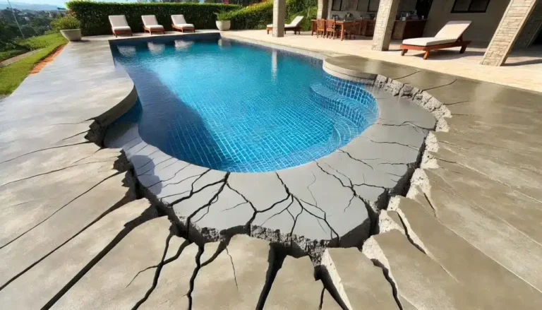 Cracked pool tiles around the pool area, ready for repair and replacement.